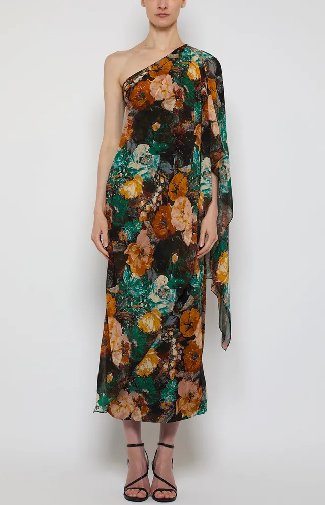 Prabal Gurung Sari Midi Dress robe vert jaune une épaule