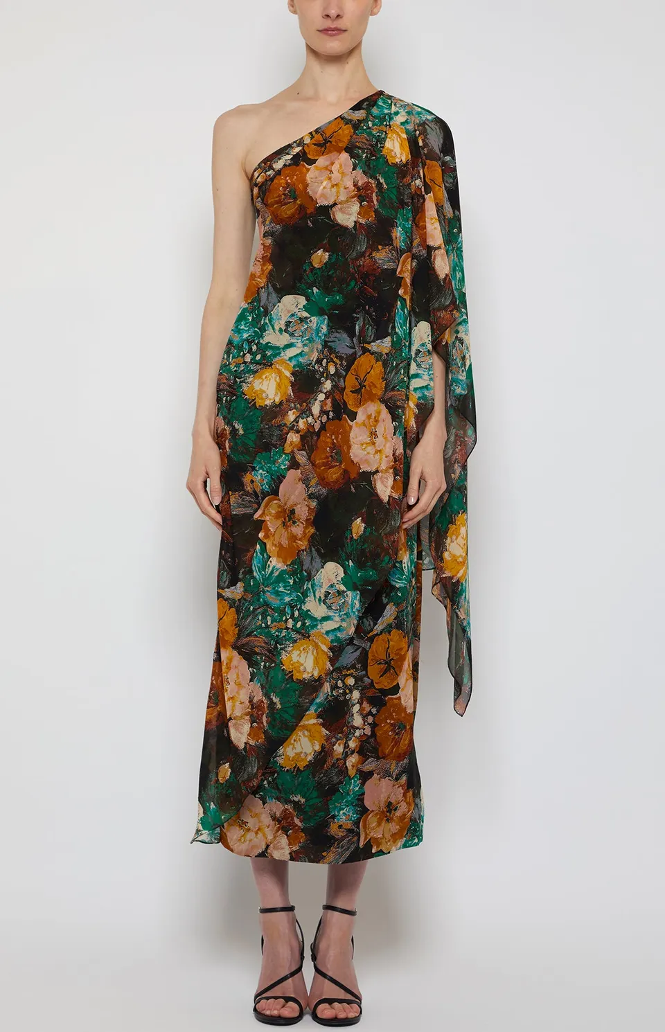 Prabal Gurung Sari Midi Dress robe vert jaune une épaule