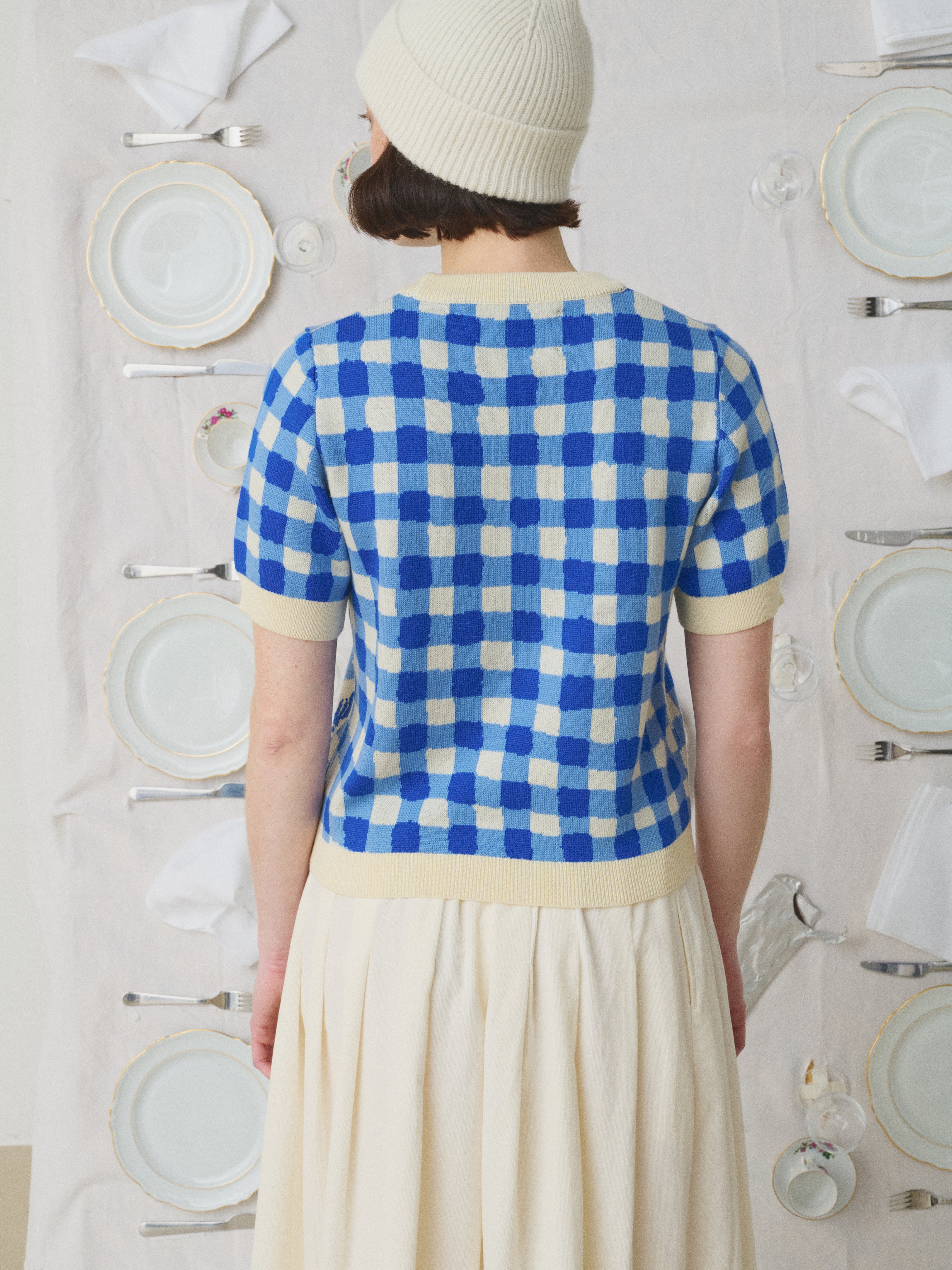 Mii à table Axelle pull laine mérinos vichy bleu
