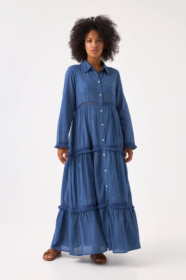 Chicosoleil Robes Selena robe longue coton bleu drone