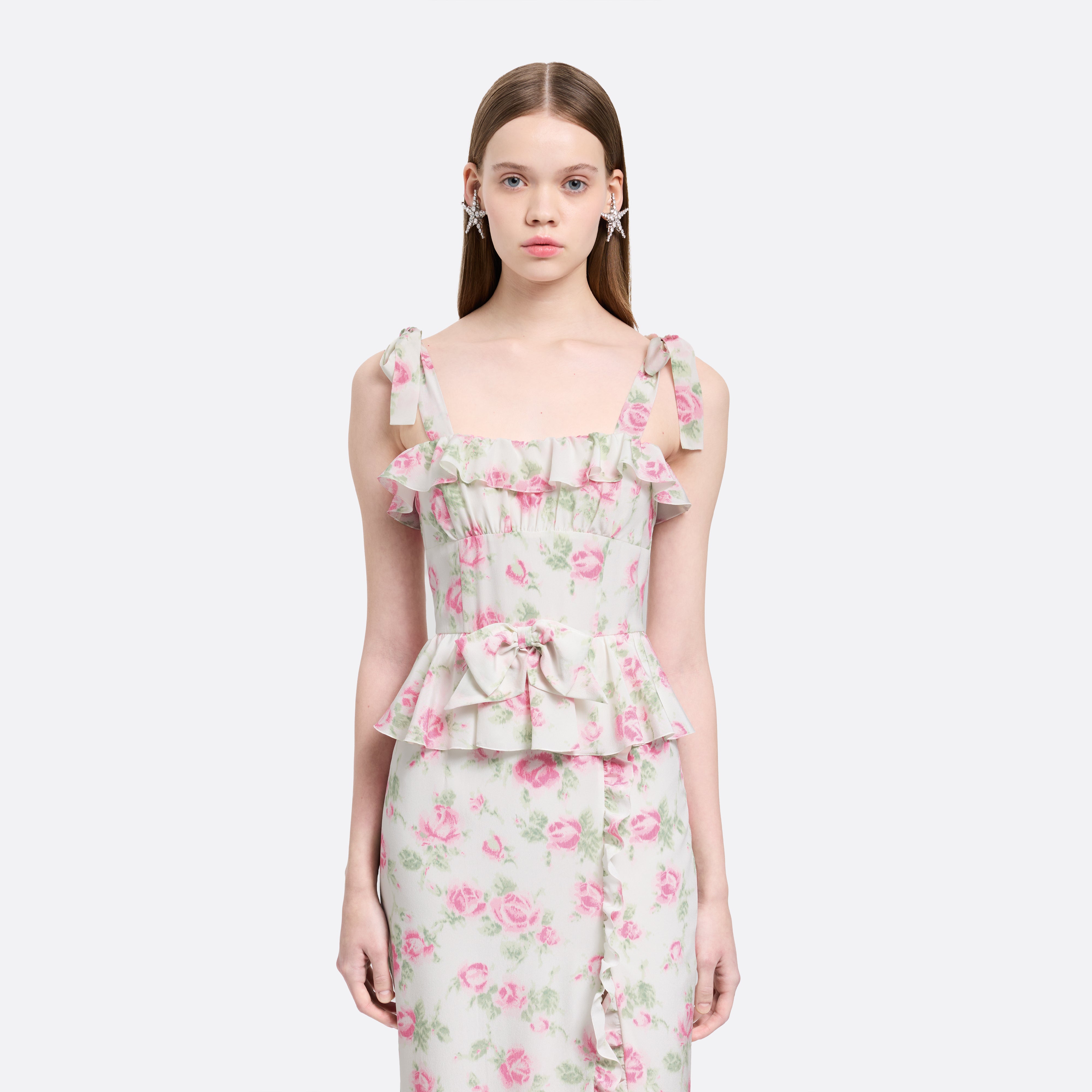 Alessandra Rich Floral-Print Silk Dress robe rose-blanc 36