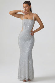 Oh Polly Embellished 12956 robe longue sirène argent Silver