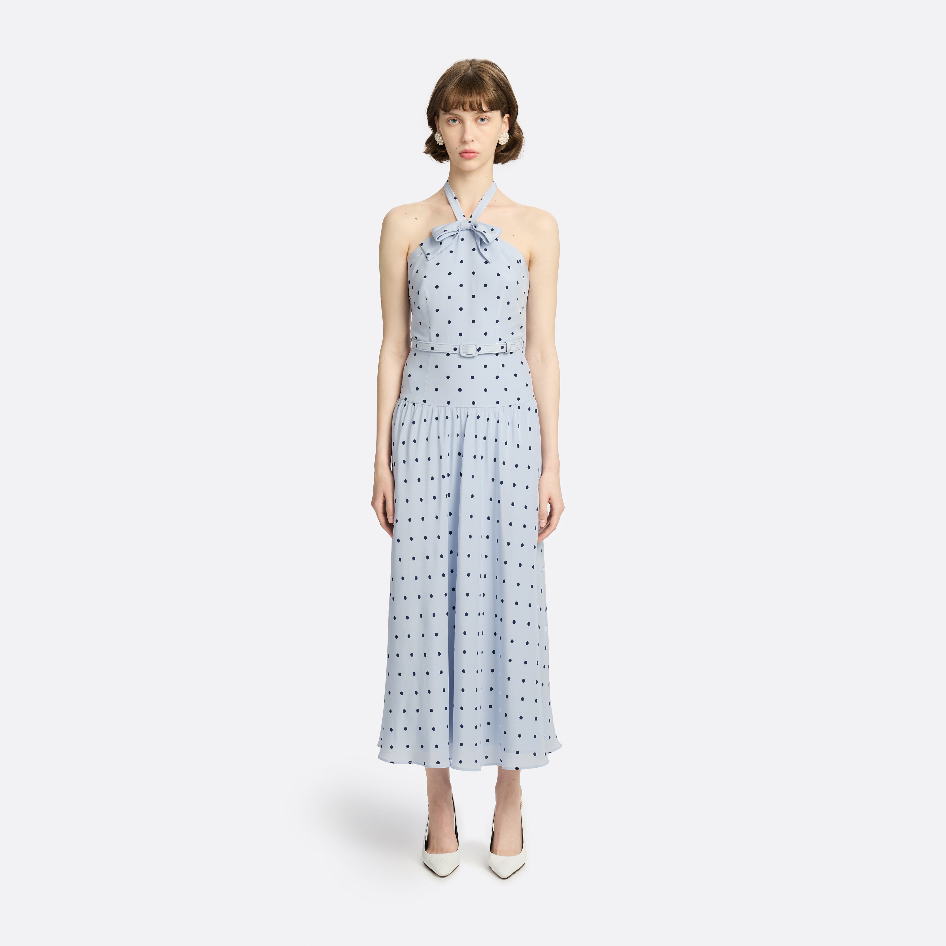 Alessandra Rich Polka-Dot Silk Halterneck Midi Dress robe soie bleu clair 40