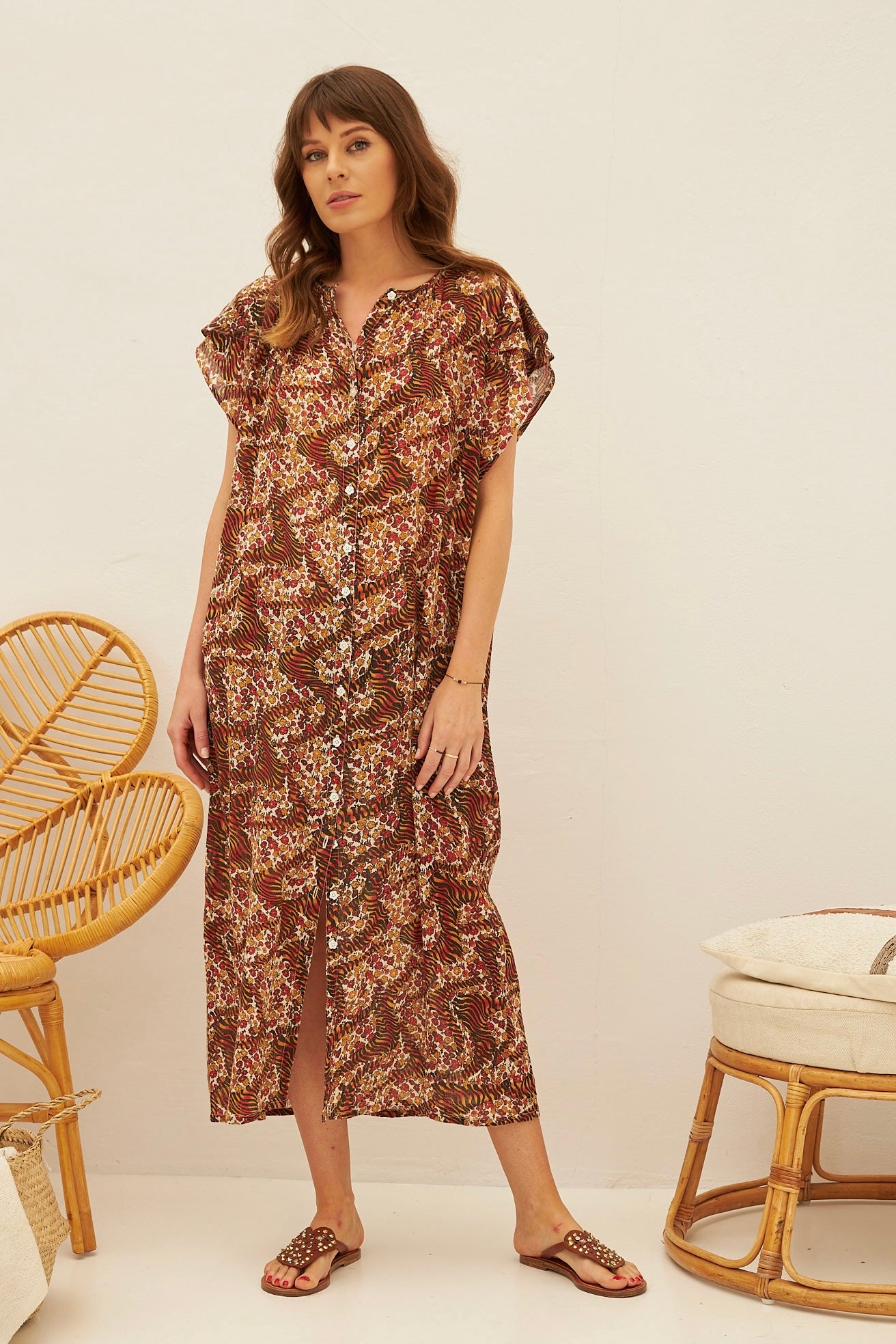 Chicosoleil Isabella robe longue Tiger Roses gaze coton