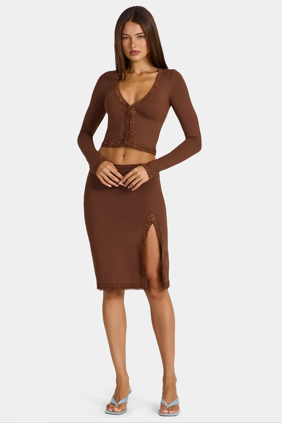 Oh Polly Skirts Perdy Jupe Midi Marron Dentelle Modal