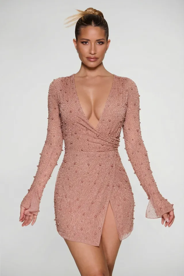 Oh Polly Embellished Chelsea 6127 robe mini beige perles