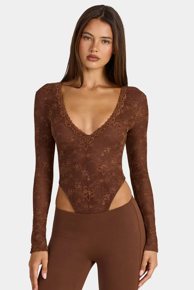 Oh Polly Shania body dentelle marron manches longues