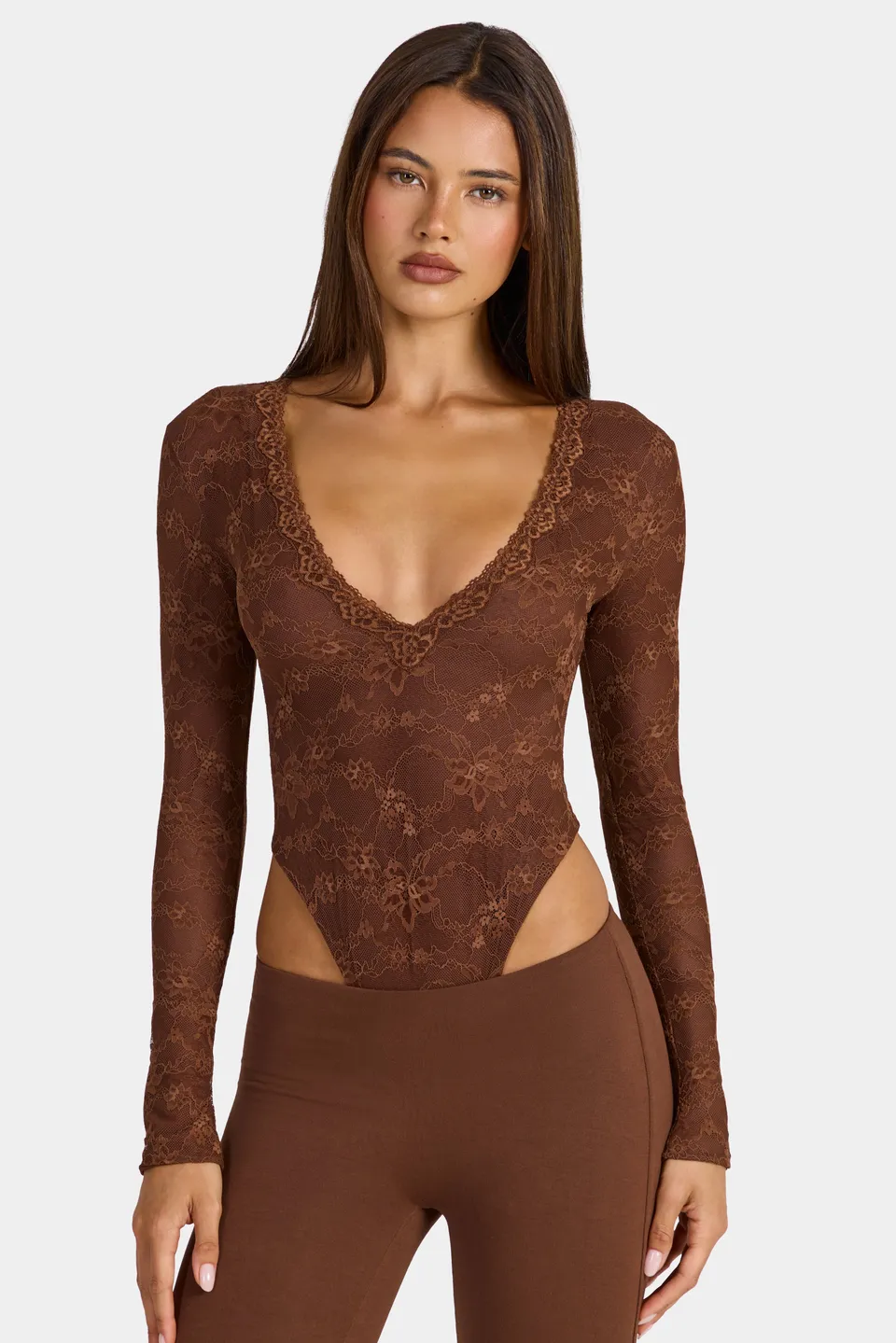 Oh Polly Shania body dentelle marron manches longues
