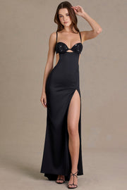 Oh Polly Embellished 15735 robe satin noir fente