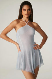 Oh Polly Juni Mini Robe Argentée Strass Dos Lacé