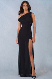Oh Polly 16001 Robe Maxi Une Épaule Noir Chiffon