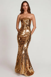 Oh Polly Nottola robe maxi bustier dorée sequins 3D