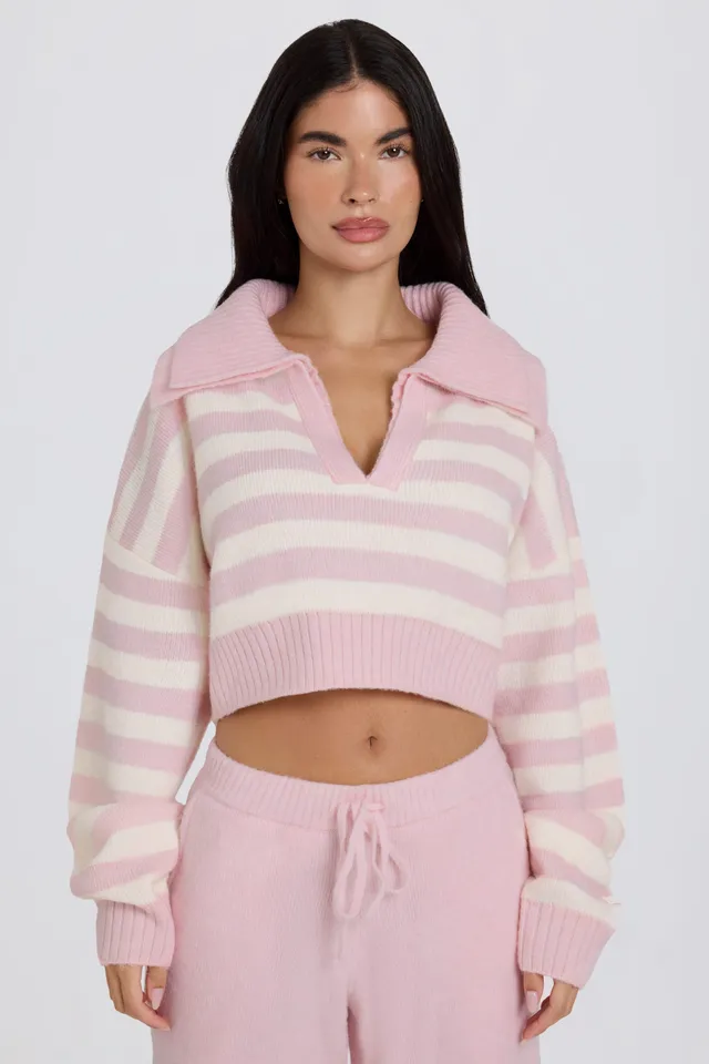 Oh Polly pull court maille douce rose rayé col V