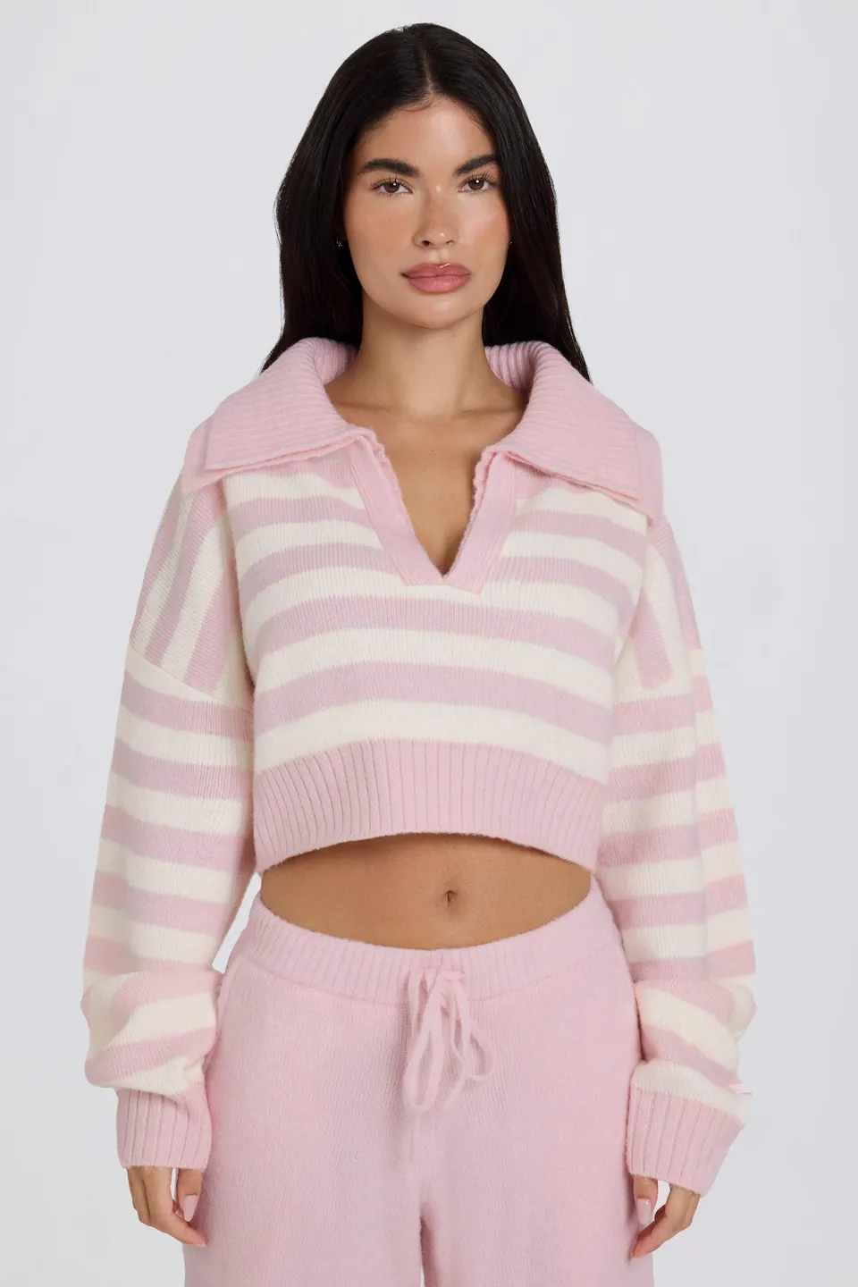 Oh Polly pull court maille douce rose rayé col V