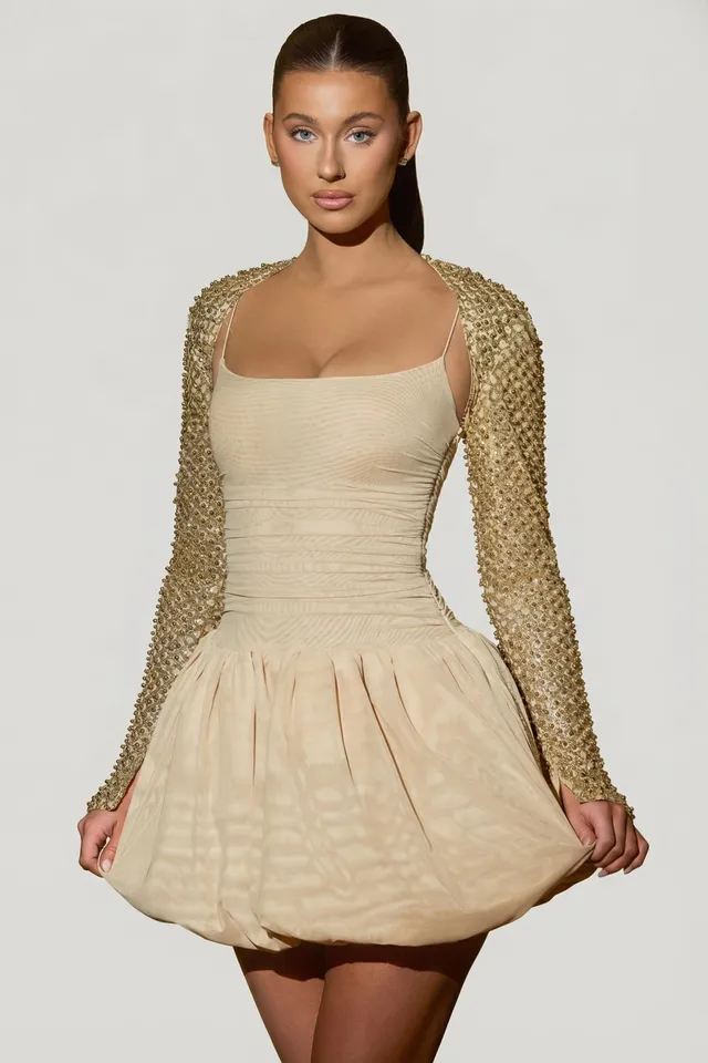 Oh Polly Embellished robe mini dorée jupe boule perles