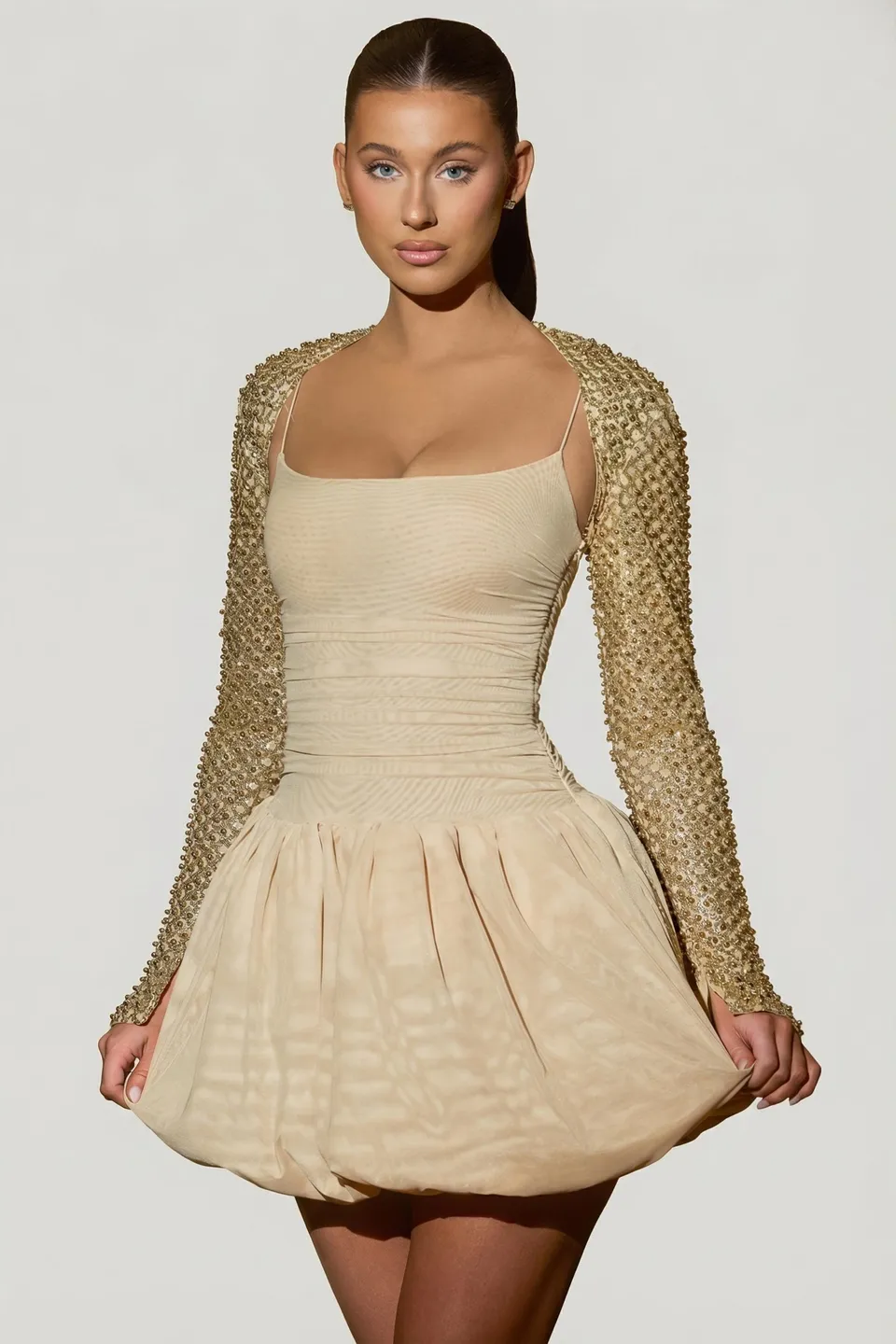 Oh Polly Embellished robe mini dorée jupe boule perles