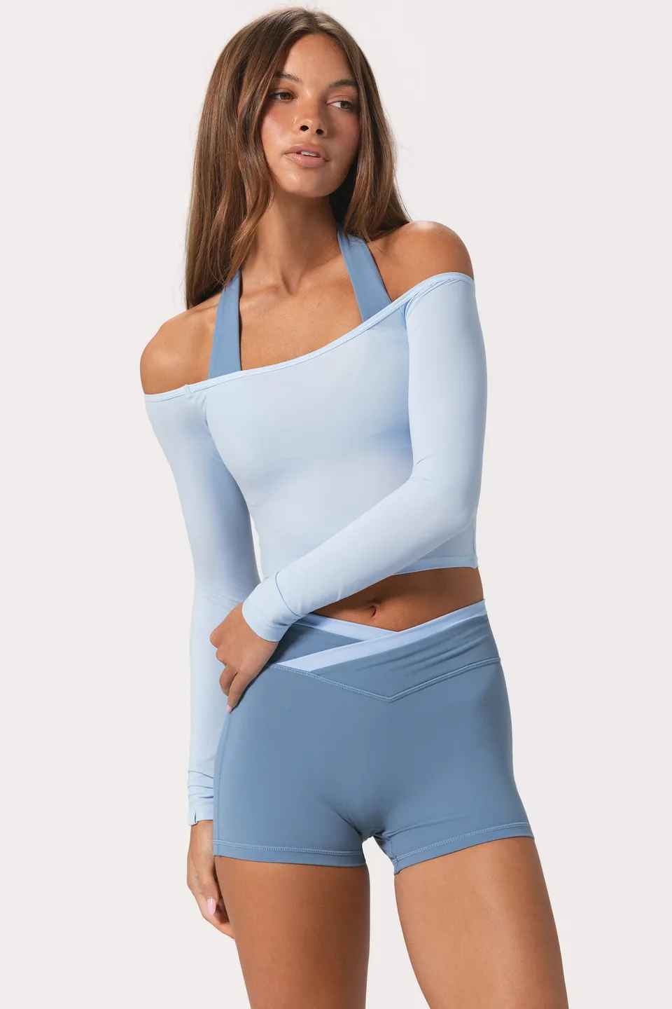 Oh Polly Soft Top Épaules Dénudées Bleu Poudre Jersey
