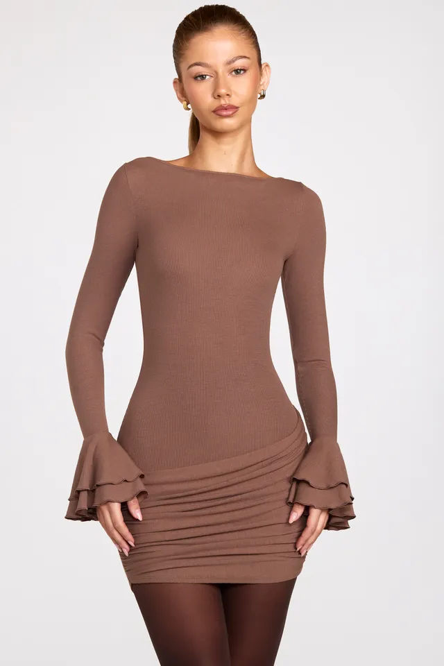 Oh Polly Helena robe mini marron manches longues