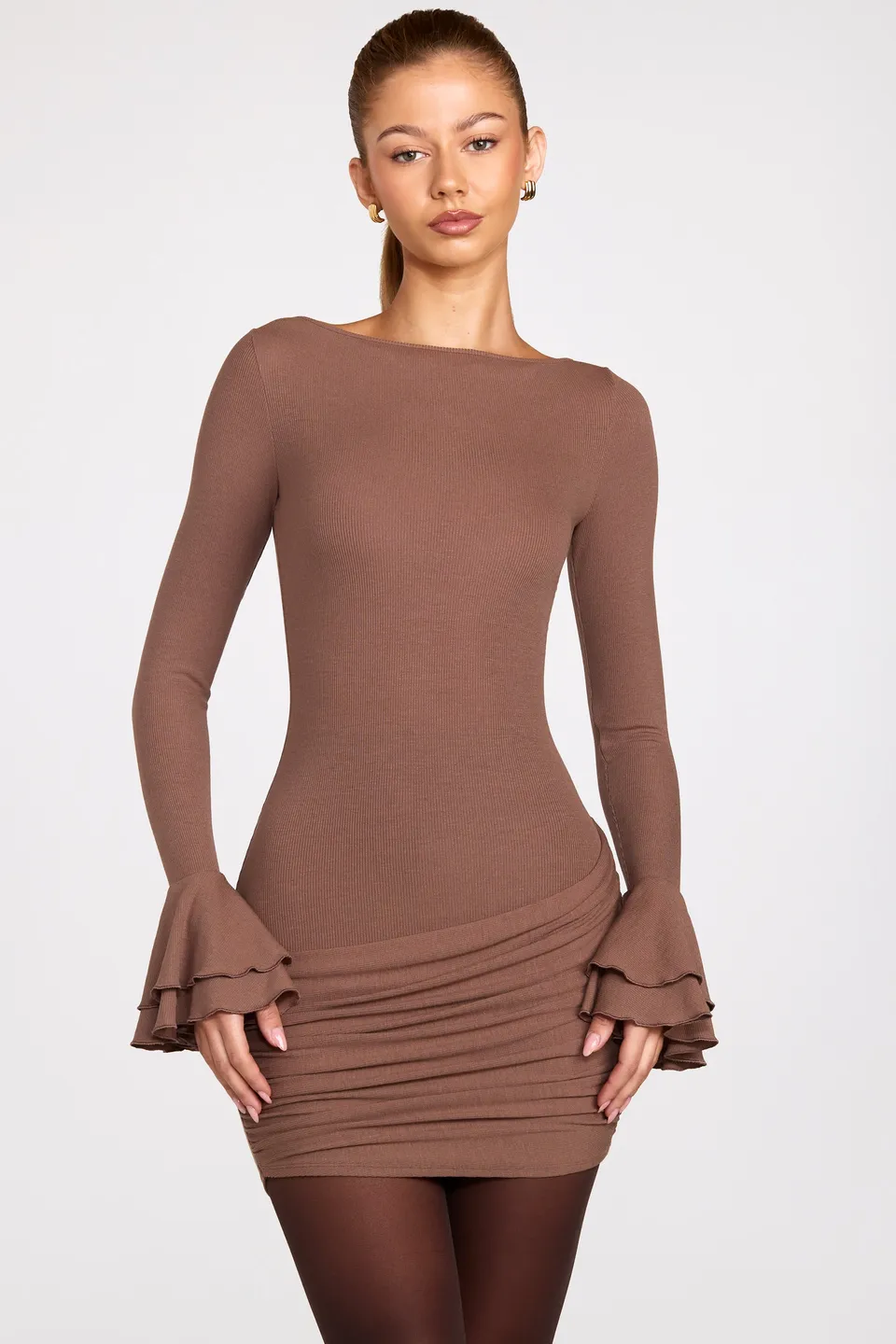 Oh Polly Helena robe mini marron manches longues