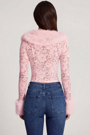 Oh Polly Noemy Sheer Lace Cardigan dentelle rose col fourrure court