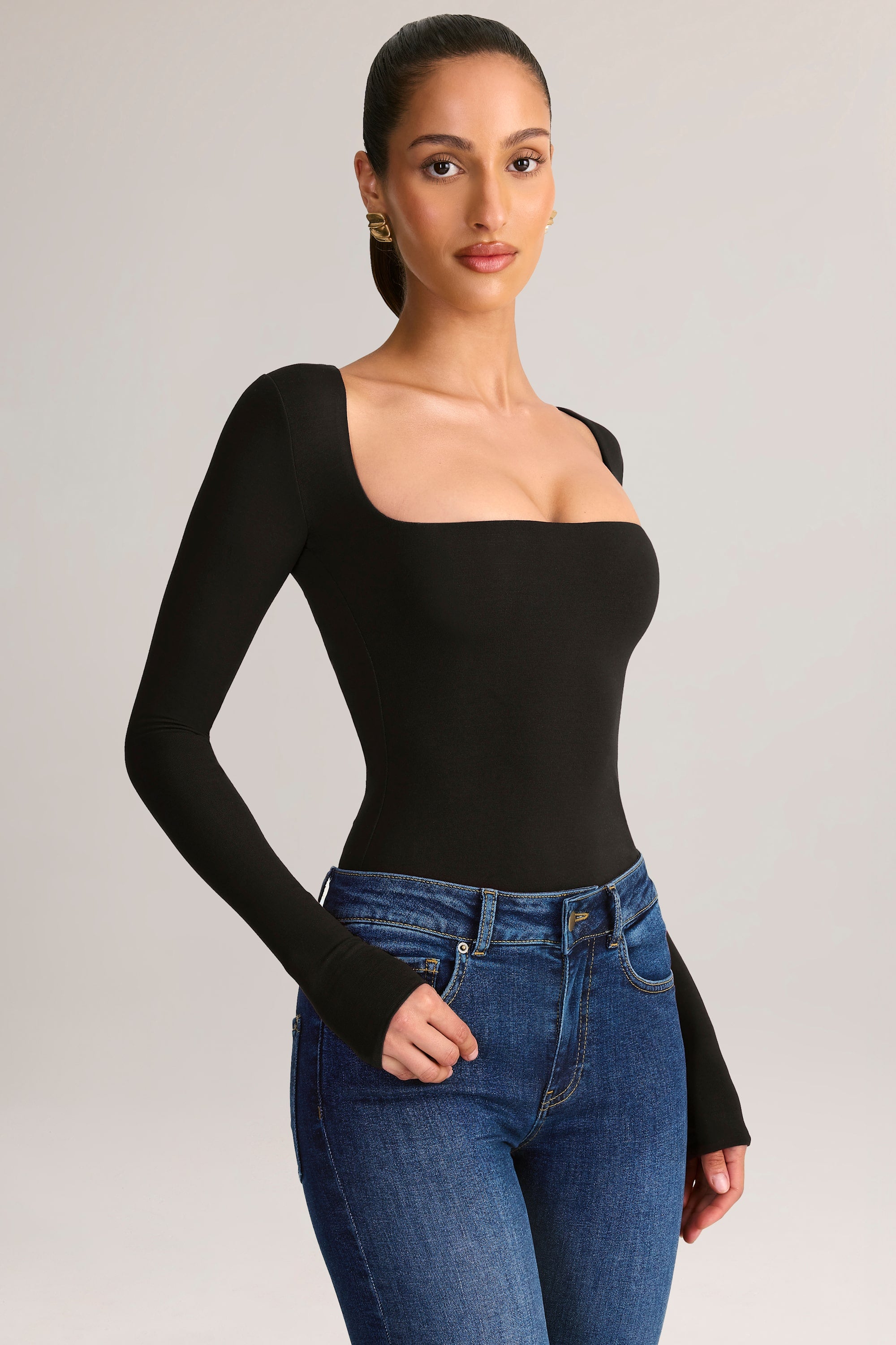 Oh Polly Kaia top col carré noir manches longues