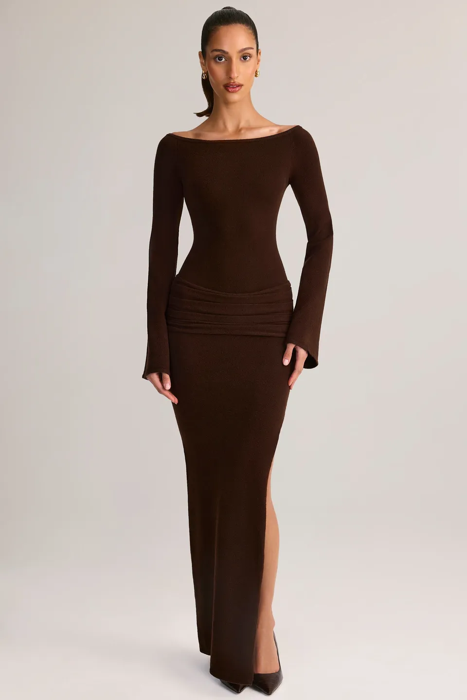 Oh Polly Isay robe maxi marron maille col bateau