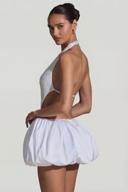 Oh Polly Cece Mini Robe Blanche Perles Dos Nu Bubble Hem