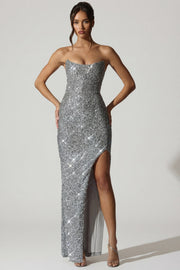 Oh Polly Embellished Kaleena robe corset argent sequins fente