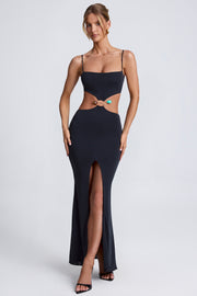Oh Polly Julitta 9818 robe maxi noire fendue bijou