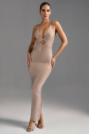 Oh Polly Embellished 9091 Robe Maxi Beige Strass Découpée