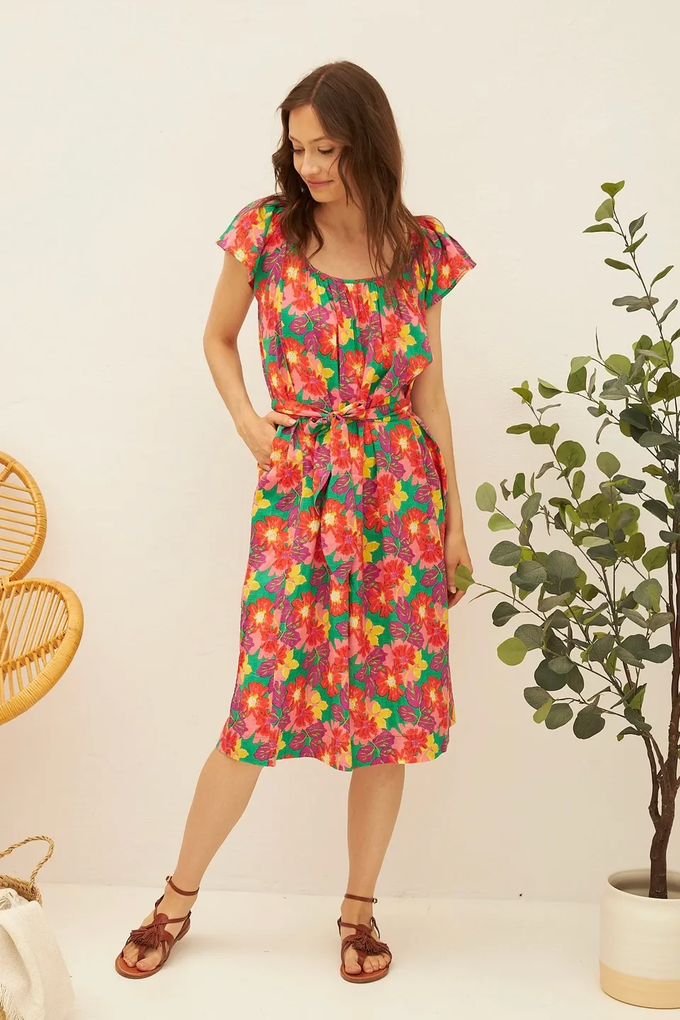 Chicosoleil Camilla robe midi verte fleurs coton