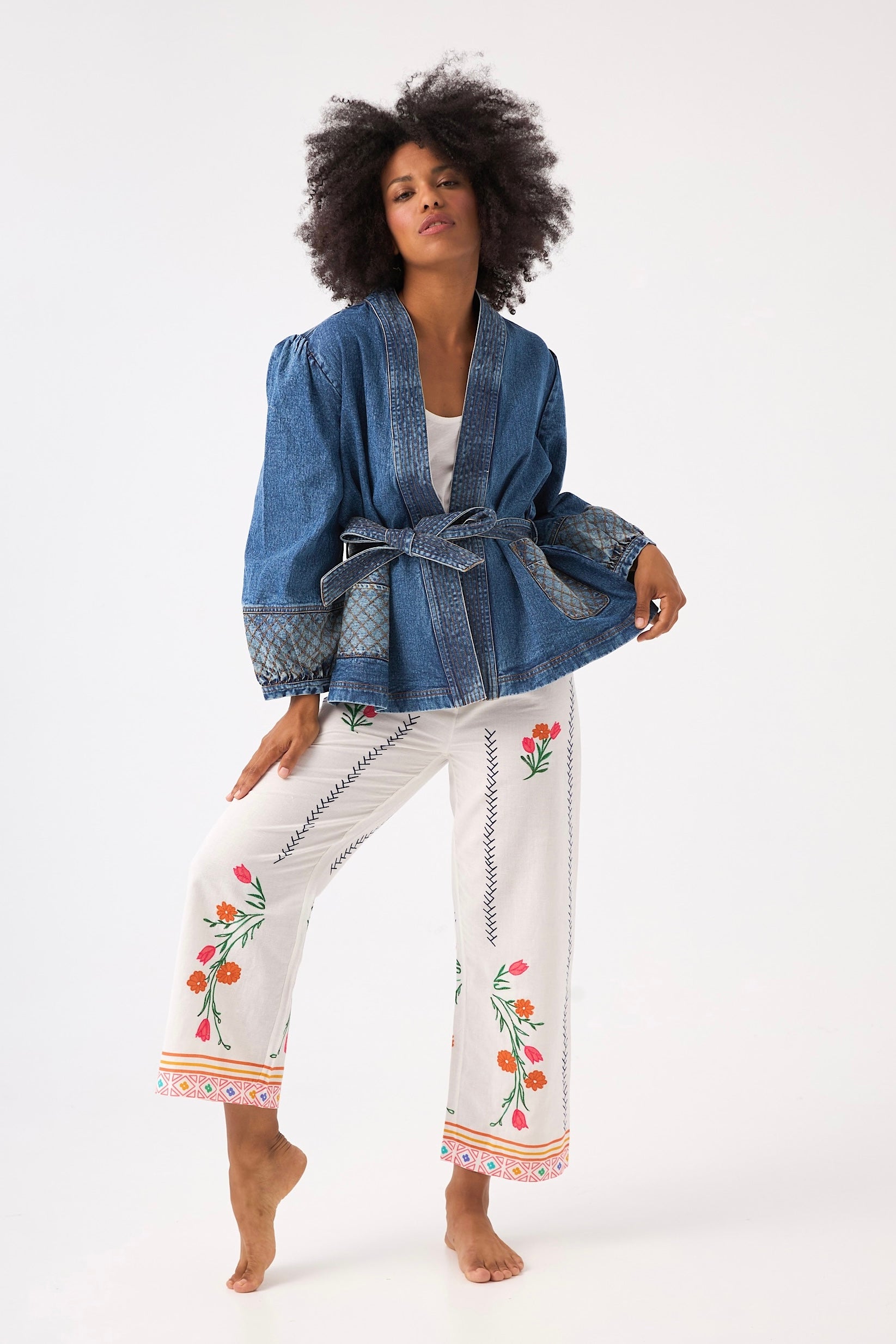 Chicosoleil Bowie veste kimono denim bleu ceinturée