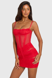 Oh Polly Dresses Evadne Mini Robe Dentelle Rouge Cerise
