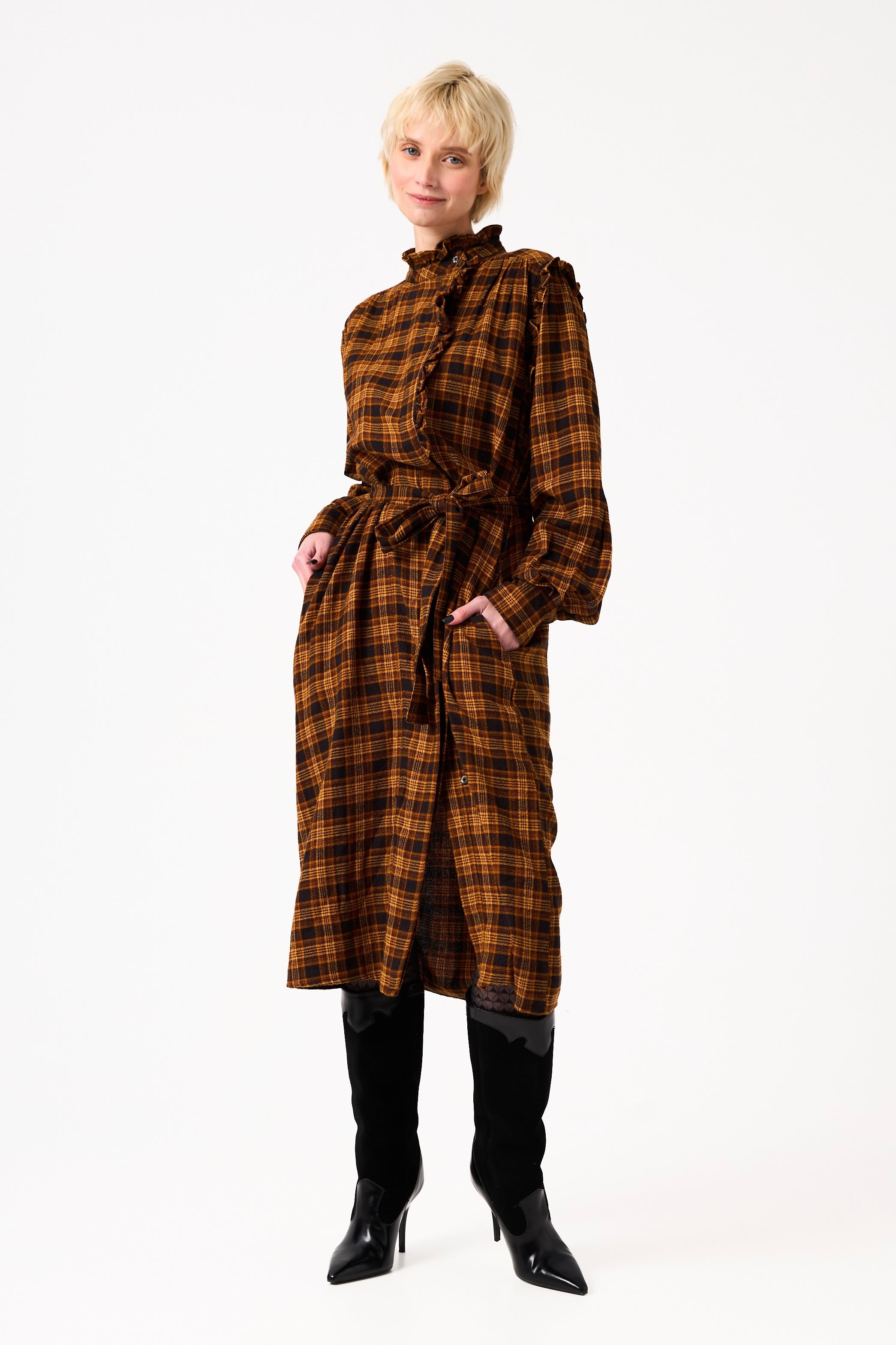 Chicosoleil Aina robe mi-longue tribal plaid coton ceinture