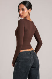 Oh Polly haut col V manches longues chocolate brown modal