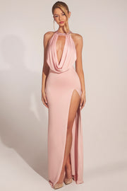 Oh Polly Robe Longue Rose Fendue Col Bénitier Strass