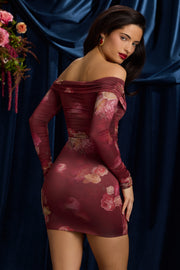 Oh Polly Aarti Mini Robe Bordeaux Fleurs Ruchée Moulante