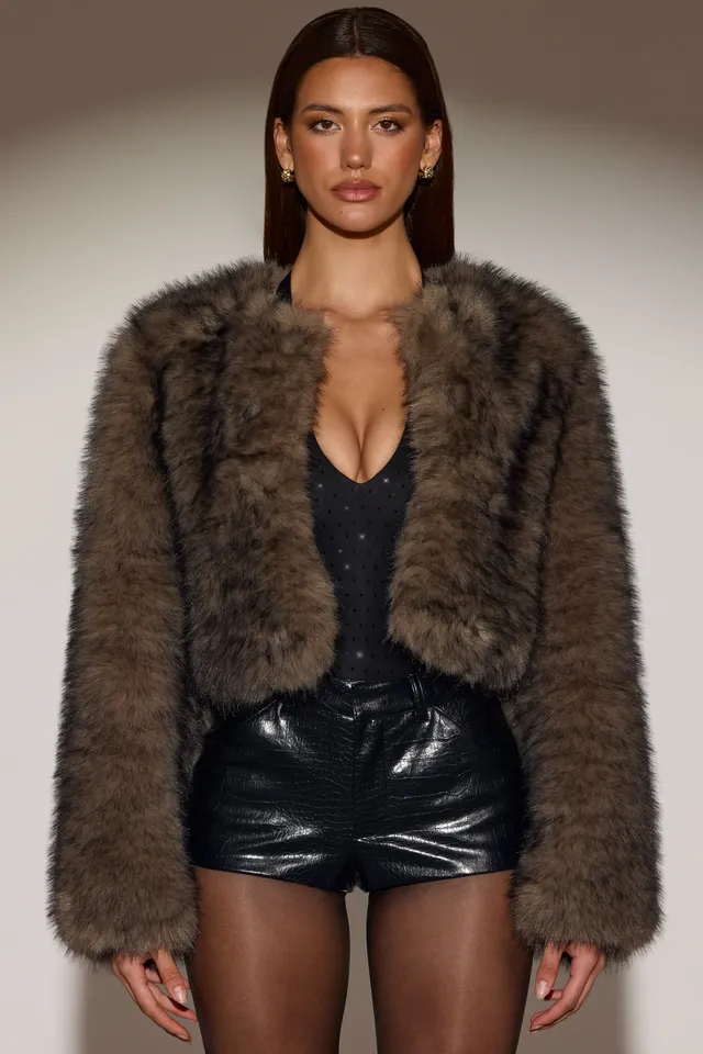 Oh Polly Vintera Veste Fausse Fourrure Marron Crop Oversize
