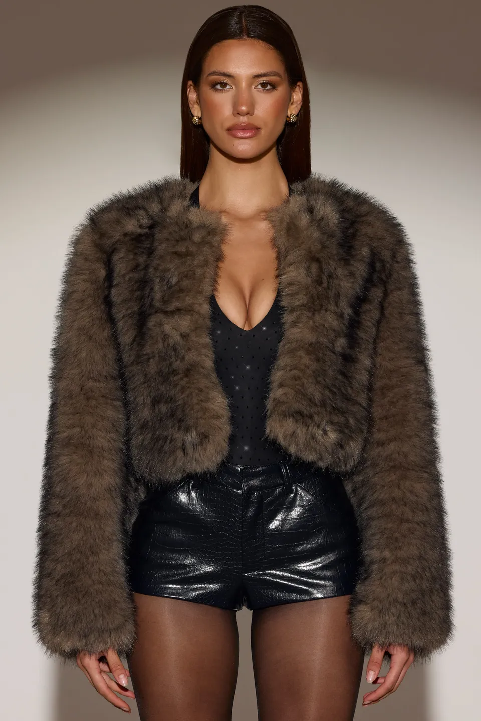 Oh Polly Vintera Veste Fausse Fourrure Marron Crop Oversize