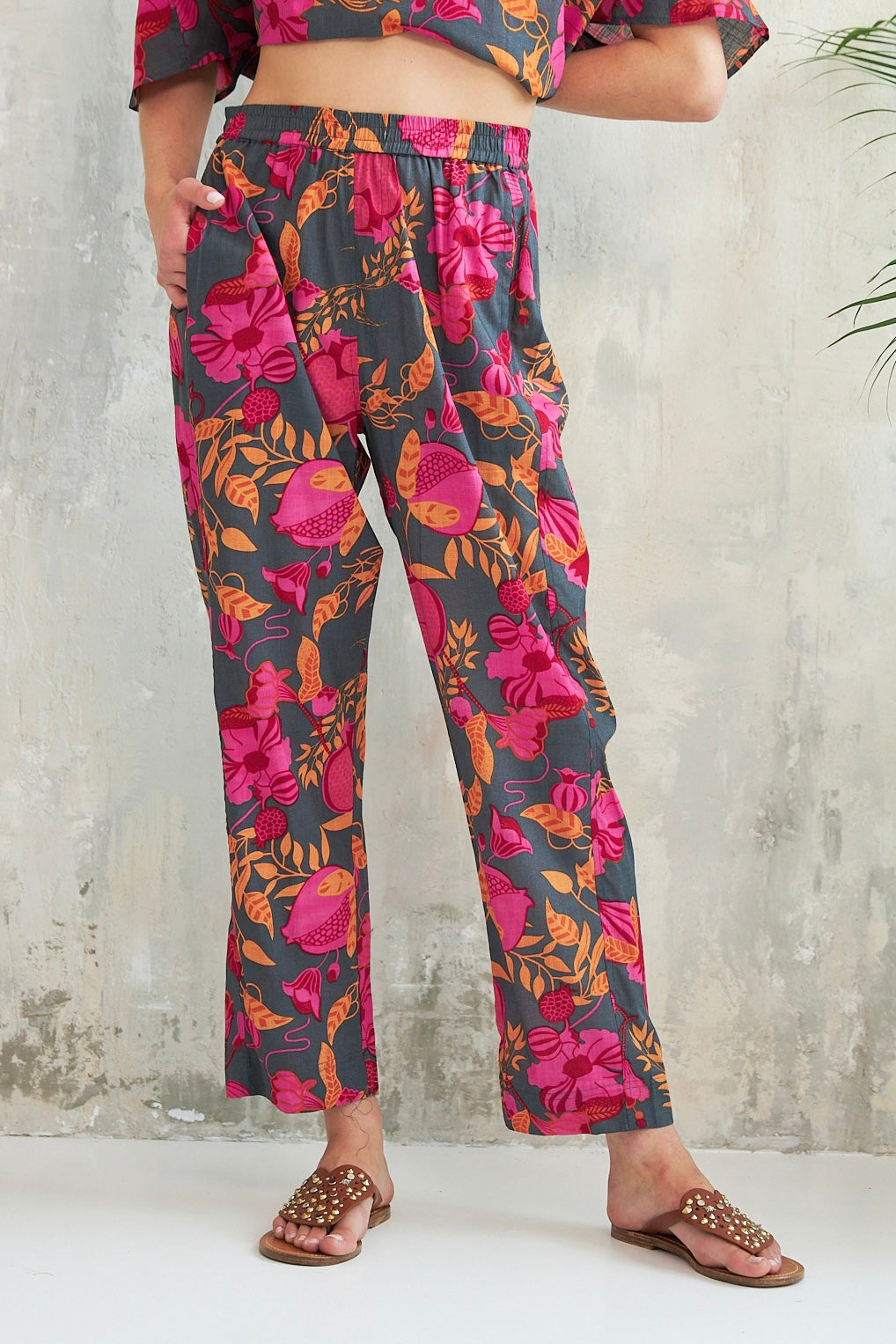 Chicosoleil Bonao pantalon droit floral grenade coton