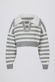 Oh Polly Pull Soft Knit Cropped gris rayé col double