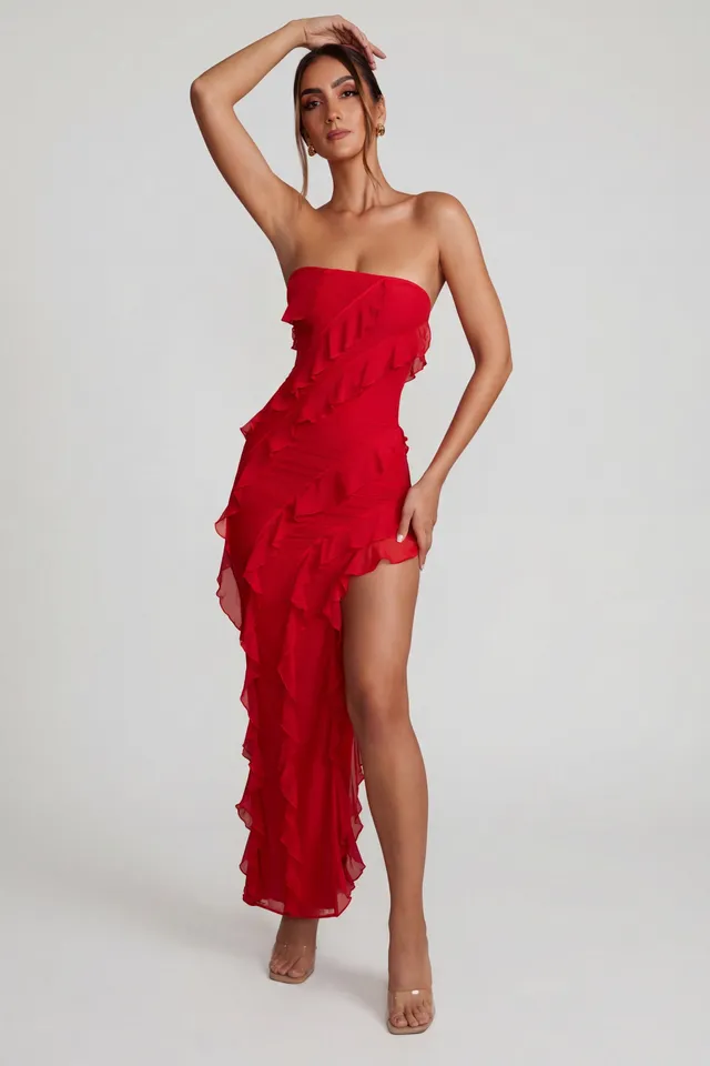 Oh Polly Nevali 5634 robe maxi rouge volants