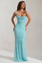 Oh Polly Nivalis Robe Maxi Dos Nu Bleu Aqua Perles