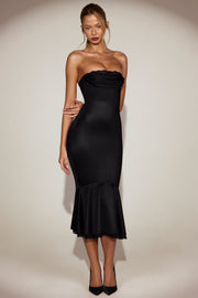 Oh Polly Belsa 15380 robe midi satin noire bustier dentelle