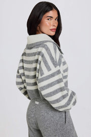 Oh Polly Pull Soft Knit Cropped gris rayé col double