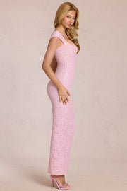 Oh Polly 15919 robe longue dentelle rose moulante