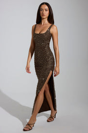 Oh Polly Yarina robe maxi marron strass fente cuisse