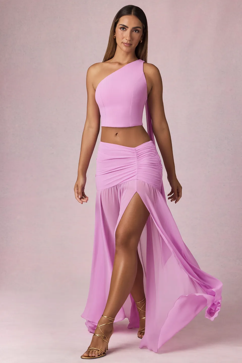 Oh Polly Romy jupe maxi rose orchidée fendue ruchée