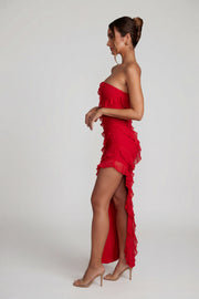 Oh Polly Nevali 5634 robe maxi rouge volants