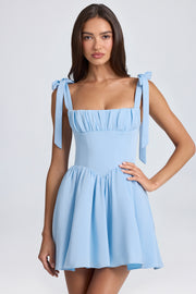 Oh Polly Draped Corset Mini Robe Bleu Ciel Satin Dos Lacé